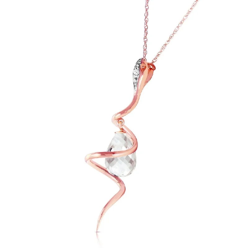 Reef knot necklaces-14K Solid Rose Gold Snake Necklace with Dangling Briolette White Topaz & Diamond