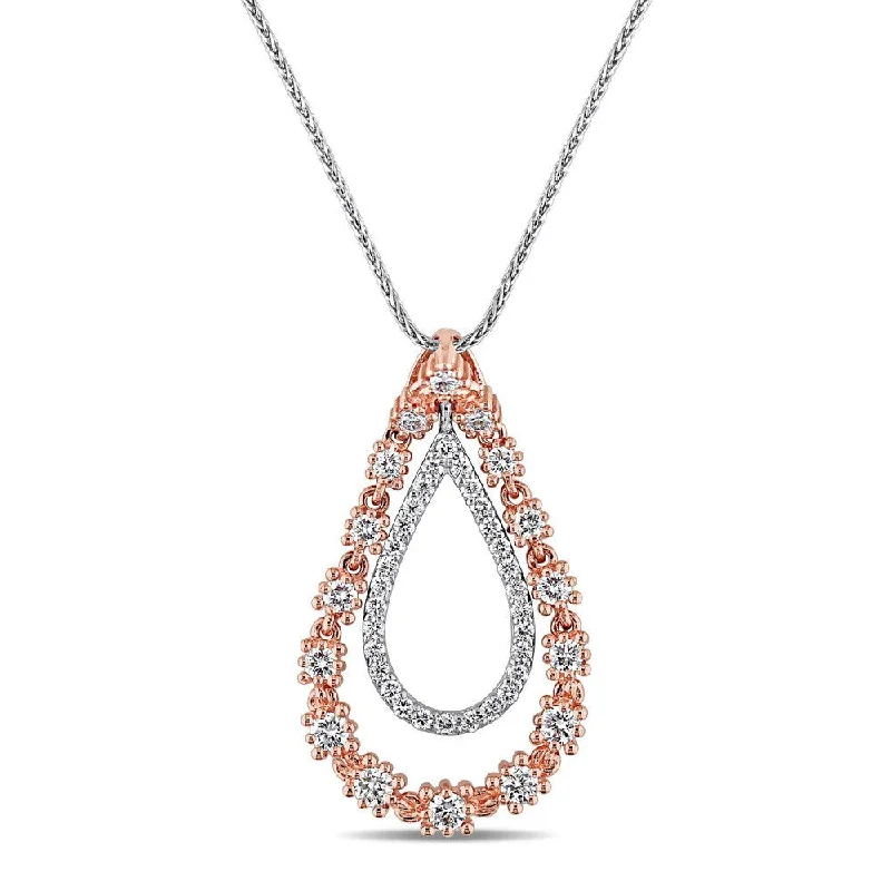 Tarnished silver necklaces-Miadora Signature Collection 2-Tone 14k White and Rose Gold 3/4ct TDW Diamond Double Teardrop Floral Accent Necklace