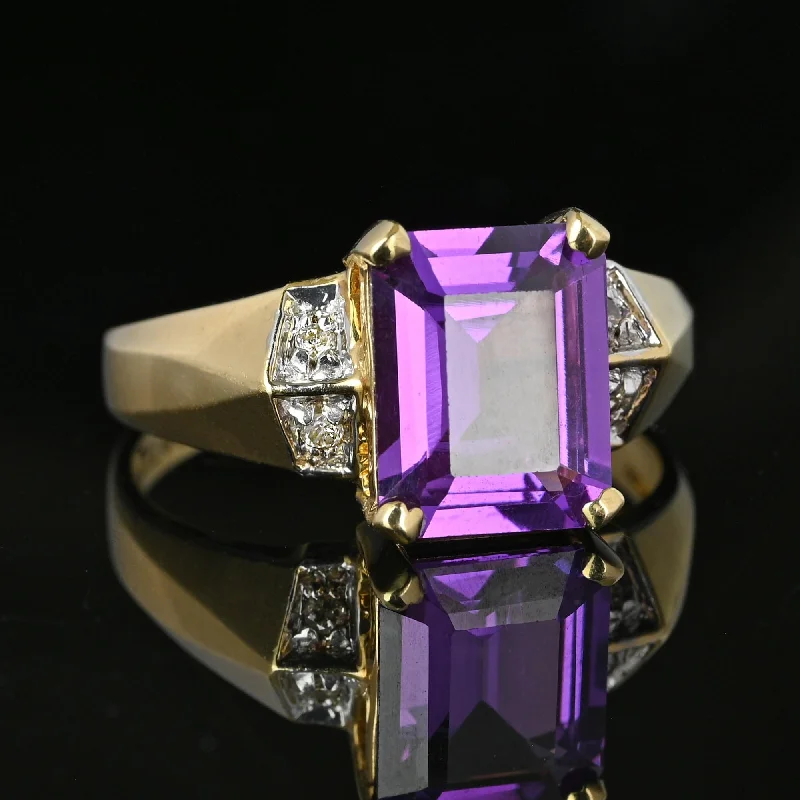 Cultured pearl rings-Cultured pearl rings-Vintage Diamond Accent Step Cut Amethyst Ring in Gold