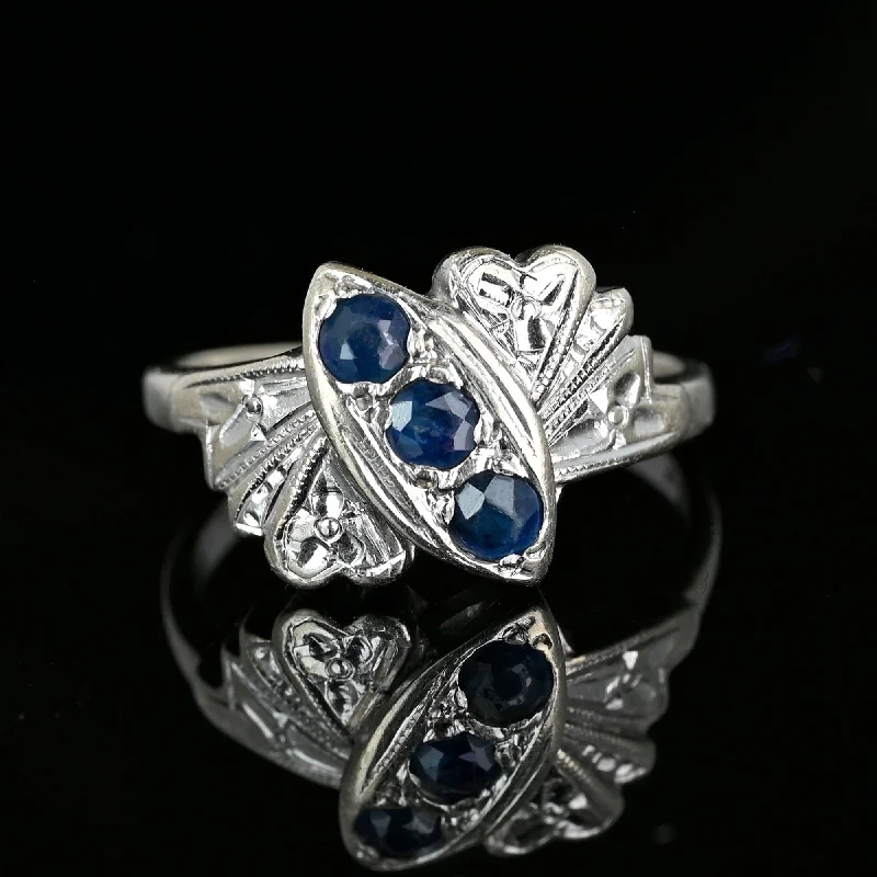 Pink stone rings-Pink stone rings-Vintage 14K White Gold Floral Three Stone Sapphire Ring