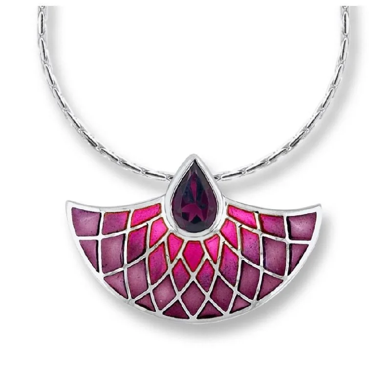 Silver & Enamel Rhodolite Set Pink Fan Pendant