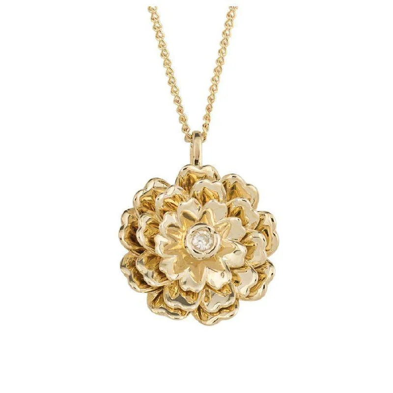 9ct Yellow Gold Diamond Set Peony Pendant