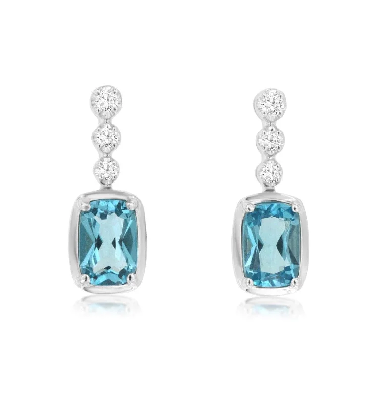 Polished gold earrings-14k white gold blue topaz and  diamond earring