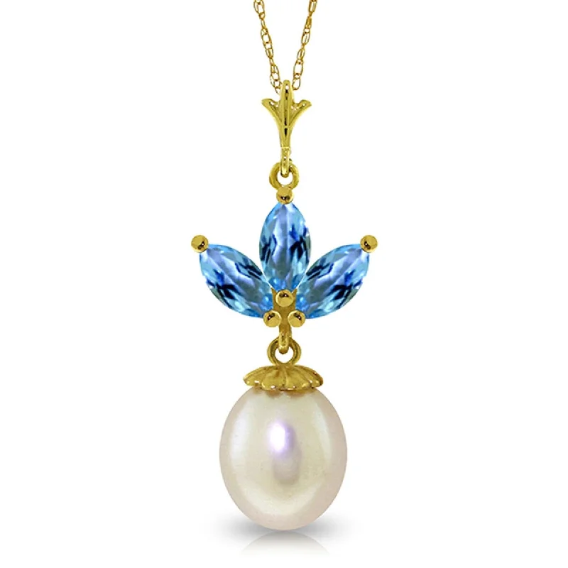 Silk cord necklaces-4.75 Carat 14K Solid Gold Gemstone Necklace Pearl Blue Topaz