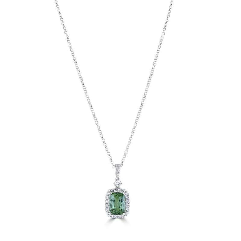 18ct White Gold Green Tourmaline & Diamond Halo Cluster Pendant