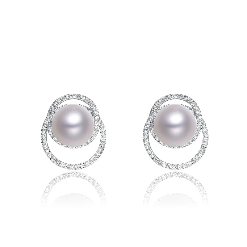 Alloy design earrings-Cubic Zirconia Sterling Silver Rhodium Plated Round Pearl Earrings