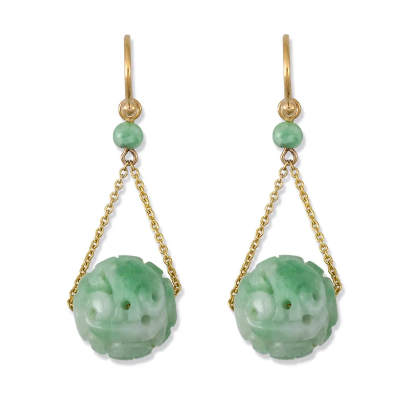 Rough texture earrings-Carved Jade Bead Dangle Earrings