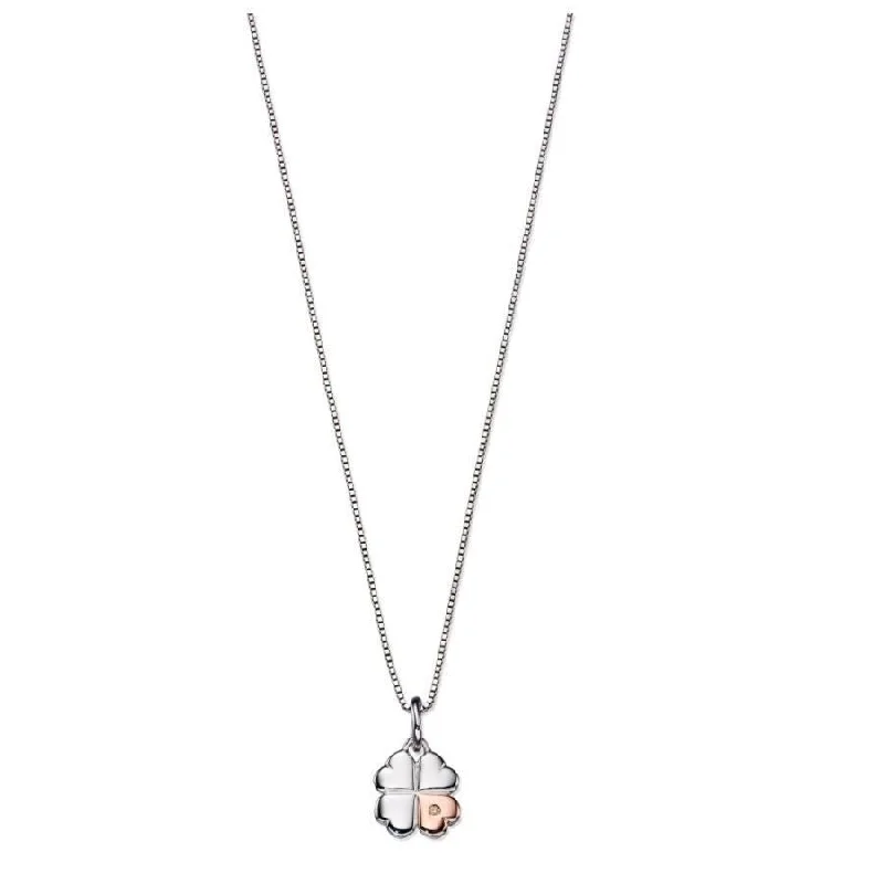 Silver & Rose Gold Plated Diamond Set Clover Pendant & Chain