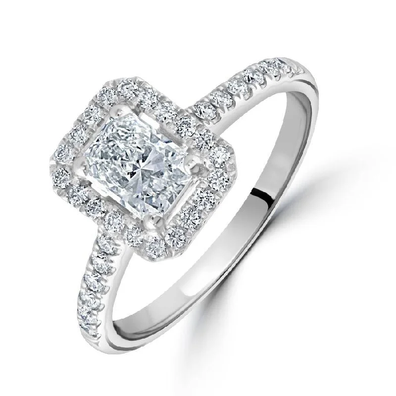 Platinum Radiant Cut Diamond Octagonal Halo Cluster Ring with Diamond Shoulders