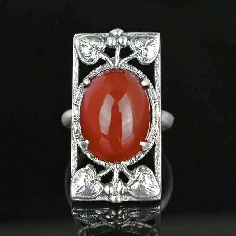 Sleek rose rings-Sleek rose rings-Berry and Leaf Arts & Crafts Silver Cabochon Carnelian Ring