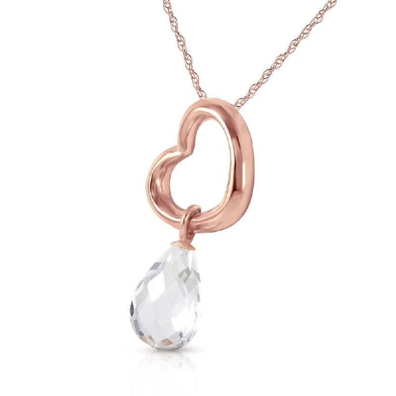 Wide chain necklaces-14K Solid Rose Gold Heart Necklace with Dangling Natural White Topaz