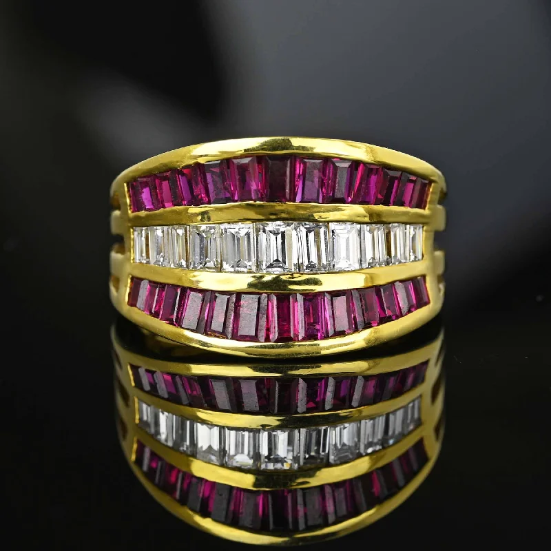 New moon rings-New moon rings-Impressive 18K Gold Baguette Diamond & Ruby Ring Band