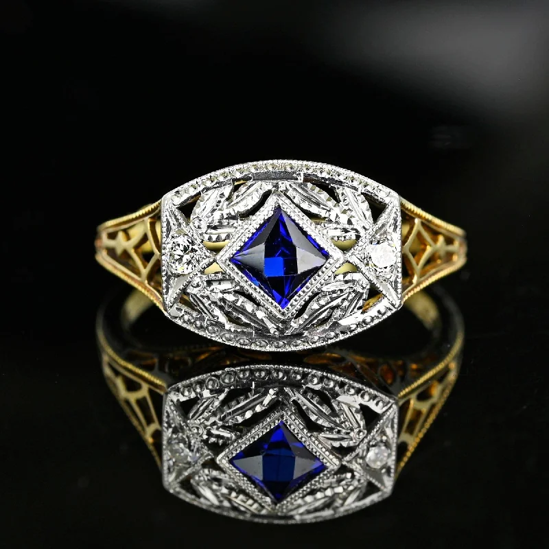 Bold geometric rings-Bold geometric rings-Art Deco Gold Filigree Diamond French Cut Sapphire Ring