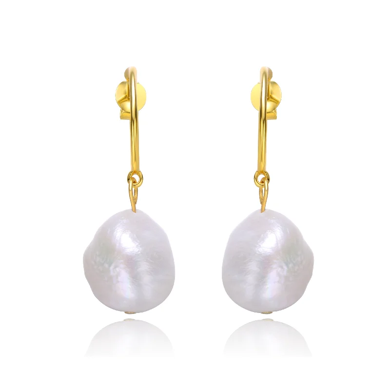 Tide motif earrings-Sterling Silver 14k Yellow Gold Plated with Baroque Oval White Pearl Dangle Drop C-Hoop Earrings