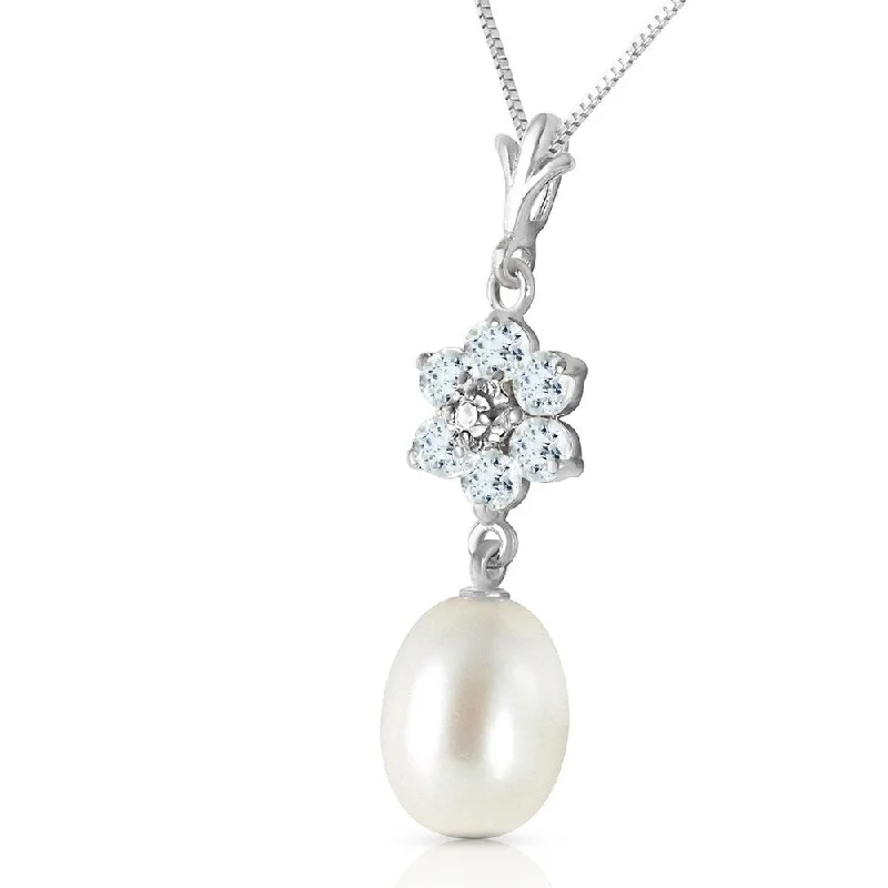 Curved pendant necklaces-4.53 Carat 14K Solid White Gold Necklace Natural pearl, Aquamarine Diamond