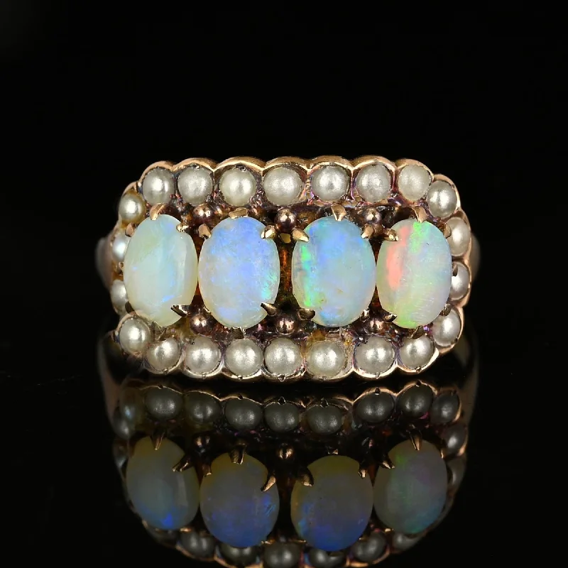 Bent shank rings-Bent shank rings-Antique Victorian 14K Gold Pearl Halo Opal Ring, East West