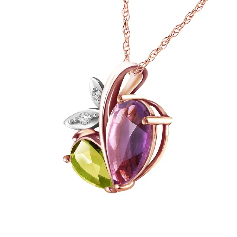 Wave motif necklaces-14K Solid Rose Gold Modern Heart Necklace Combination of Amethyst, Peridot & Diamond