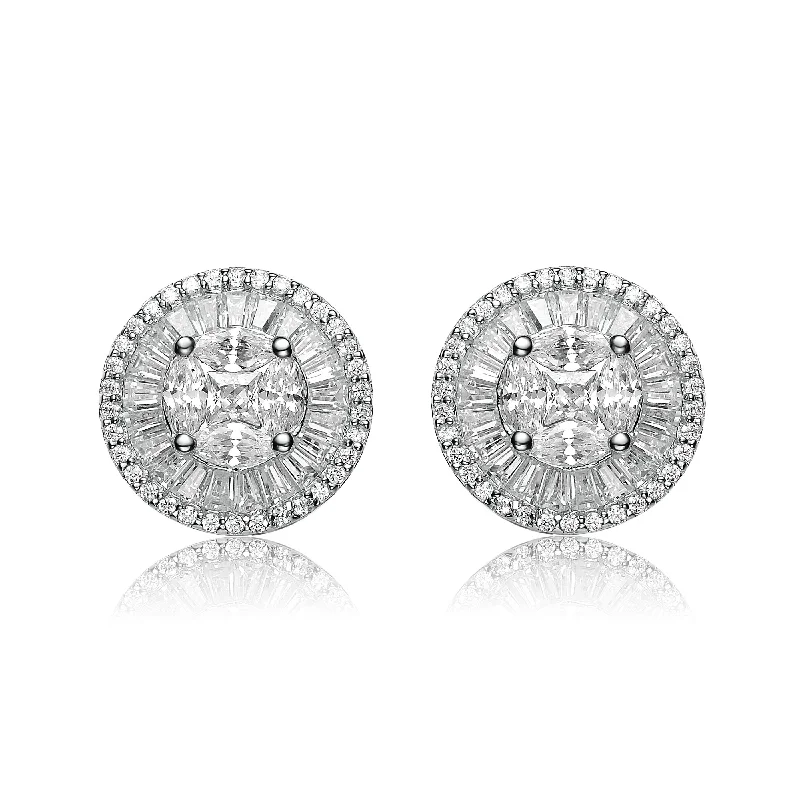 Wide hoop earrings-CZ Rhodium Plated Round Baguette Earrings