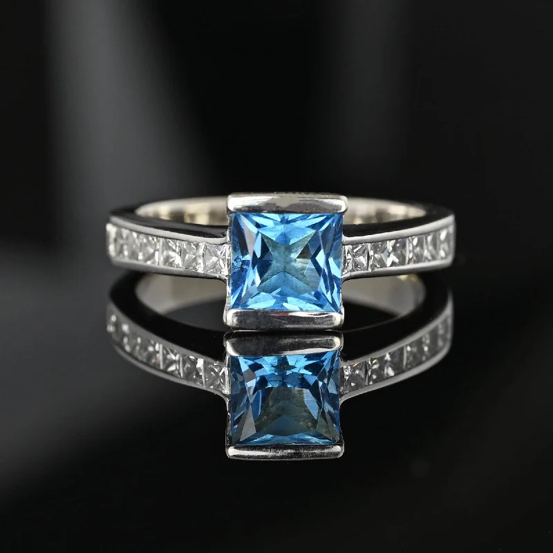 Ripple style rings-Ripple style rings-1 Carat Princess Cut Diamond Blue Topaz Ring 14K White Gold