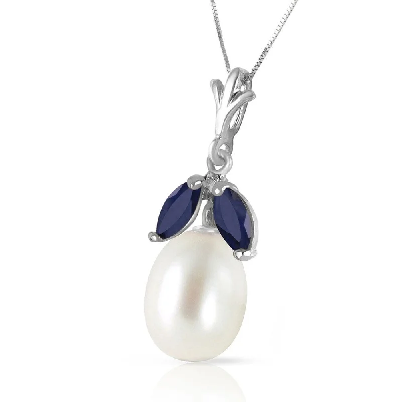 Regency style necklaces-4.5 Carat 14K Solid White Gold Necklace Natural pearl Sapphire