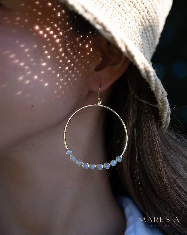 Tiny gem earrings-Moonstone Large Round 18k Gold Plated Earrings ~ ME211