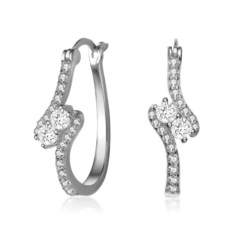 Silk thread earrings-Sterling Silver with Rhodium Plated Clear Round Cubic Zirconias Pave Set Modified Hoop Earrings