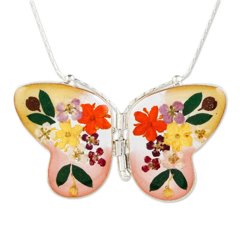 Lace charm necklaces-Novica Handmade Yellow Mexican Butterfly Natural Flower Pendant Necklace