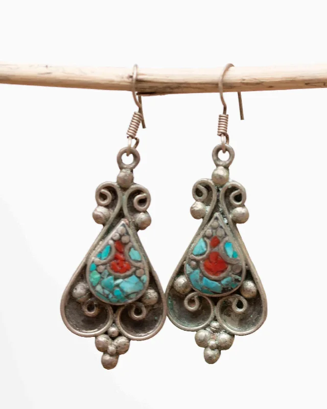 Silk thread earrings-Beatriz Turquoise Tibetan Earrings ~ German Silver ~ SME040