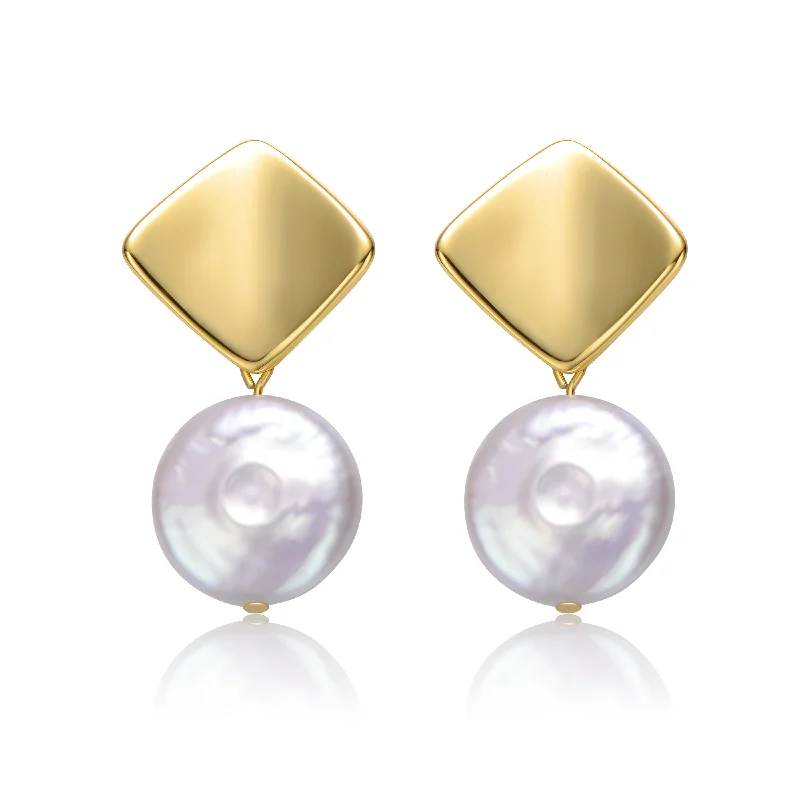 Retro stud earrings-Sterling Silver 14k Yellow Gold Plated with White Coin Pearl Double Dangle Square Earrings