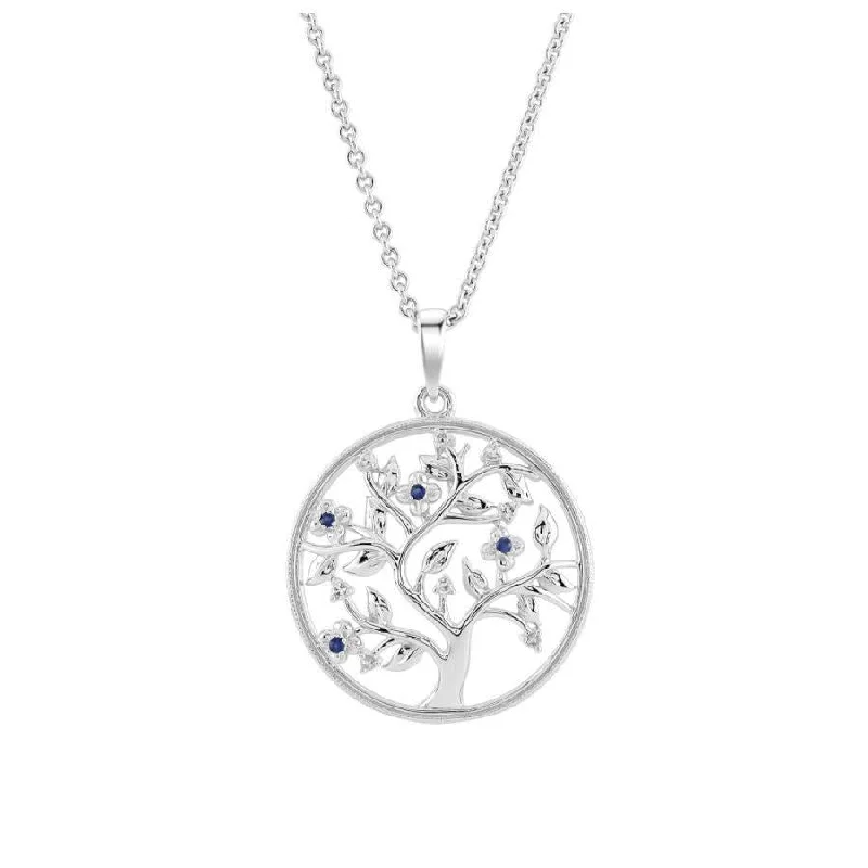 9ct White Gold Sapphire & Diamond Tree of Life Pendant & Chain