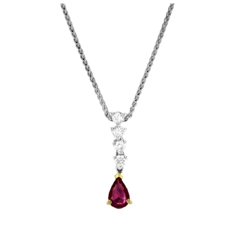 18ct Gold Yellow and White Gold Teardrop Ruby and Diamond Pendant and Chain