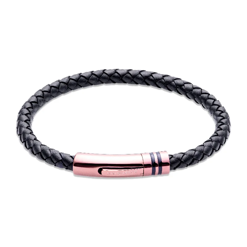 Unique & Co Black Leather Bracelet with Brown IP Steel Clasp