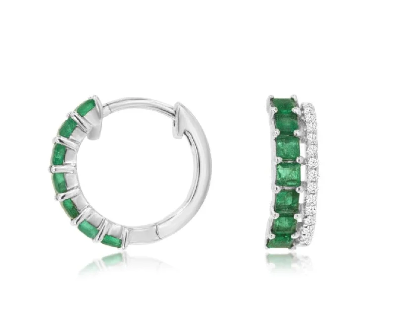 Pink gold earrings-14k white gold emerald and diamond hinged hoop