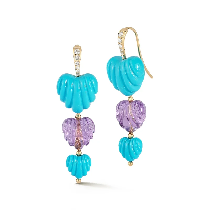 Baroque pearl earrings-Triple Amethyst and Turquoise Dew Drops