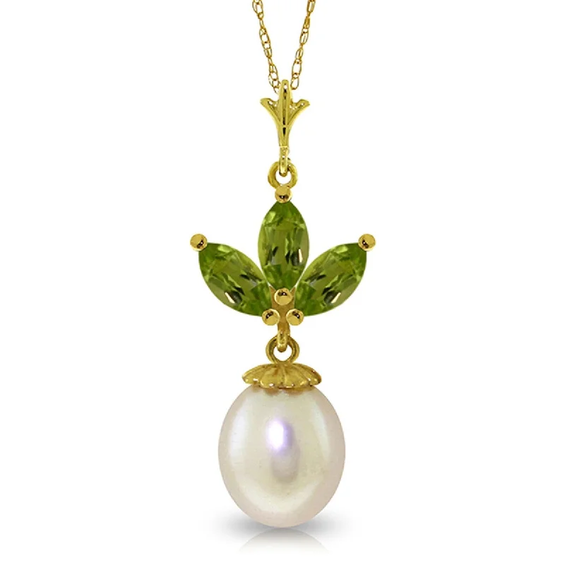 Vibrant enamel necklaces-4.75 Carat 14K Solid Gold Gemstone Chain Necklace Pearl Peridot