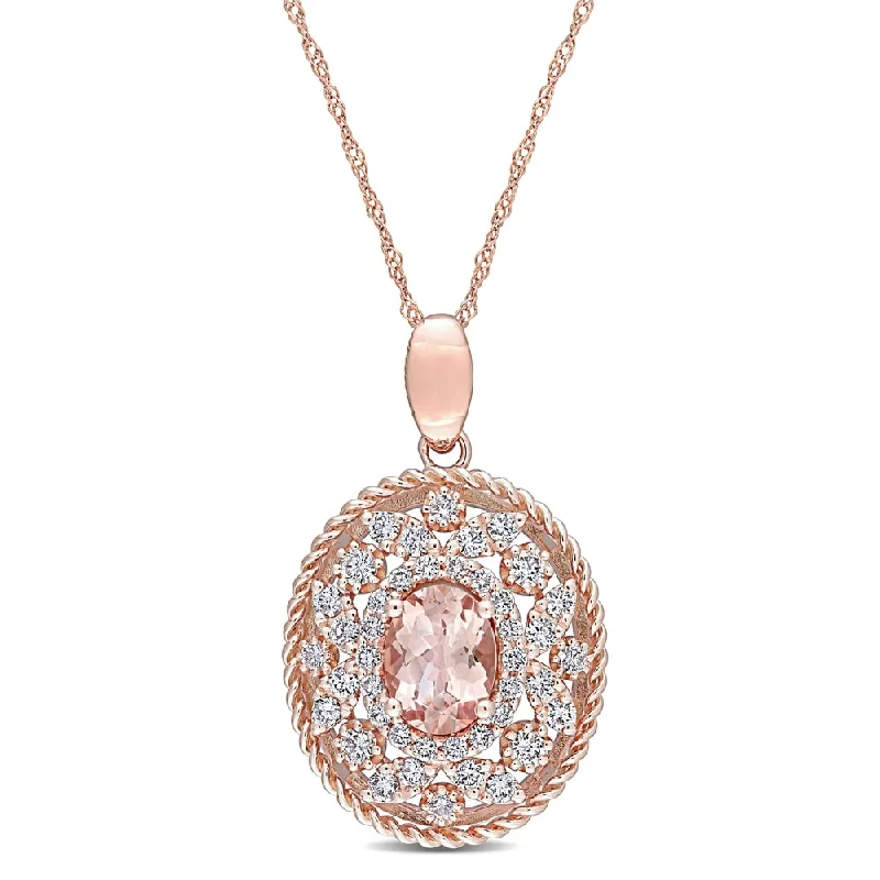 Minimal gem necklaces-Miadora 14k Rose Gold Morganite and 3/4ct TDW Diamond Oval Multi-Layer Halo Drop Necklace