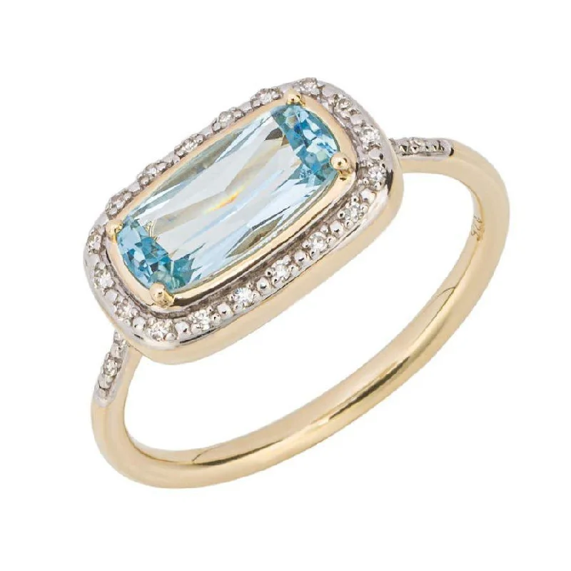 9ct Yellow Gold Rectangular Cut Blue Topaz & Diamond Halo Cluster Ring