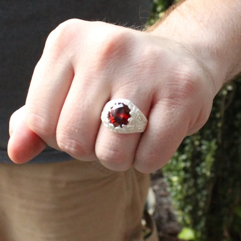 Large Men's Oval ring with January Birthstone Synthetic Garnet