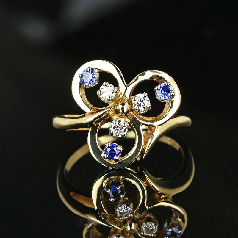 Curved art rings-Curved art rings-Vintage 14K Gold Diamond Sapphire Three Leaf Clover Ring