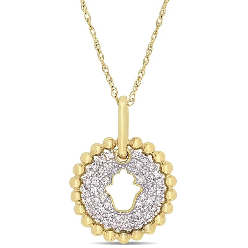 Sleek bar necklaces-Miadora 10k Yellow Gold 1/5ct TDW Diamond Cluster Hamsa Center Floral Halo Necklace