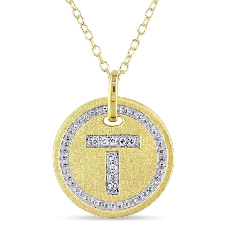 Custom name necklaces-Miadora Yellow Plated Sterling Silver Diamond T-Initial Halo Charm Necklace