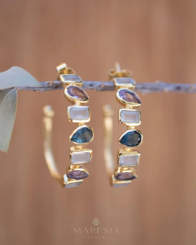 Sleek stud earrings-Mary Earrings ~ Moonstone, Amethyst and Iolite hydro ~ 18k Gold Plated Earrings ~ ME008