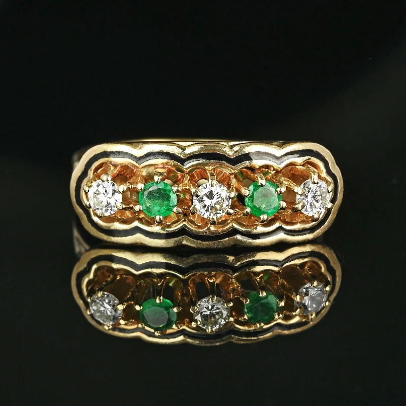 Wide gold rings-Wide gold rings-Antique 14K Gold Enamel Diamond Emerald Ring