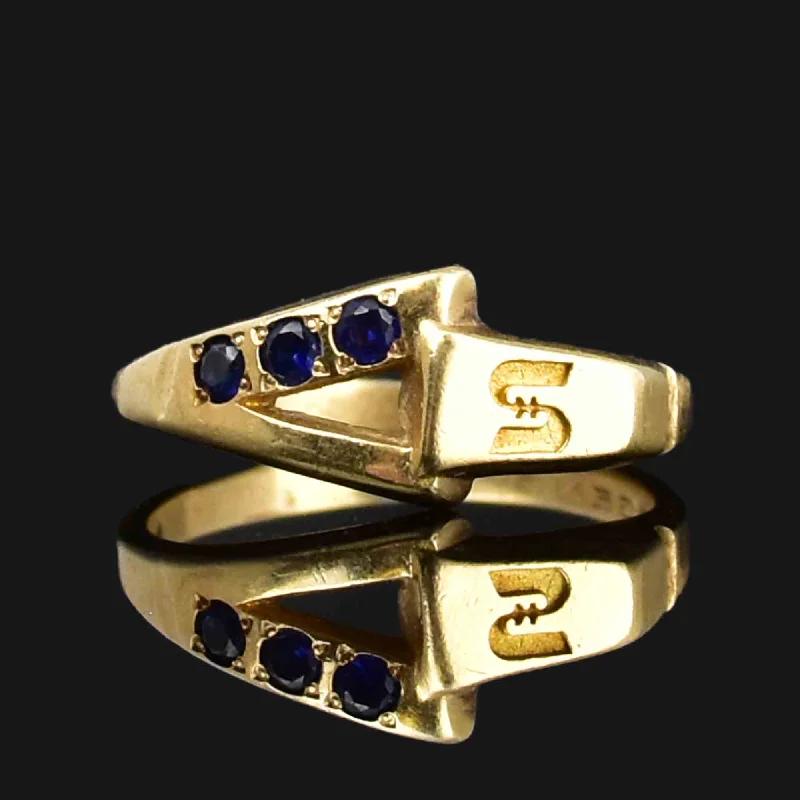 Surf inlay rings-Surf inlay rings-14K Gold Blue Sapphire S Monogram Band Ring Sz 8