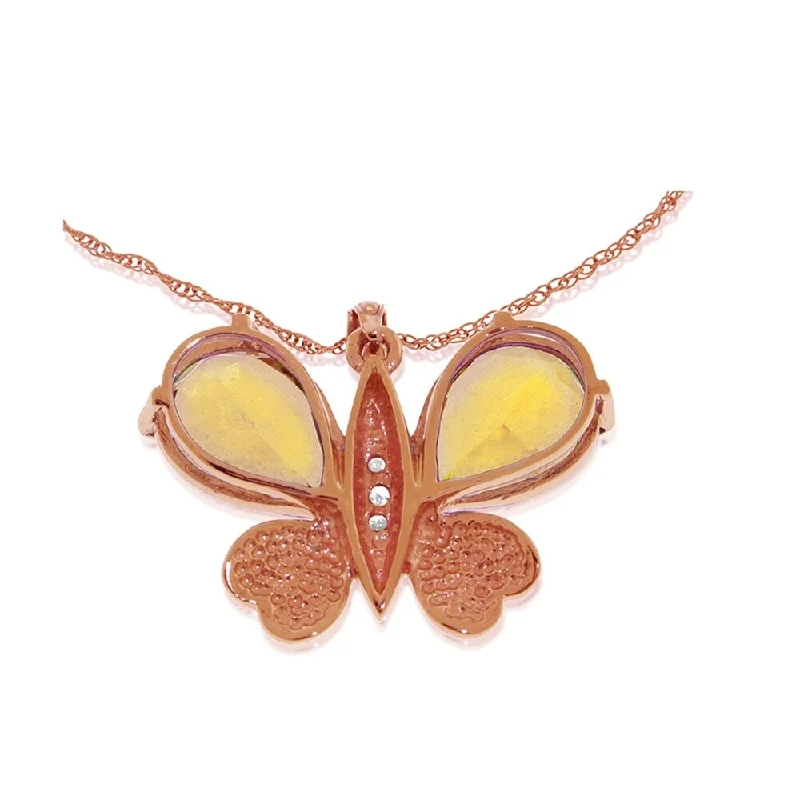 Bali style necklaces-14K Solid Rose Gold Batterfly Necklace withNatural Diamonds & Citrines