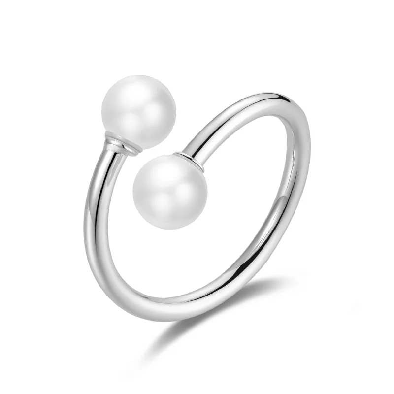 Wide band rings-Wide band rings-Silver Plated Adjustable Double Pearl Ring