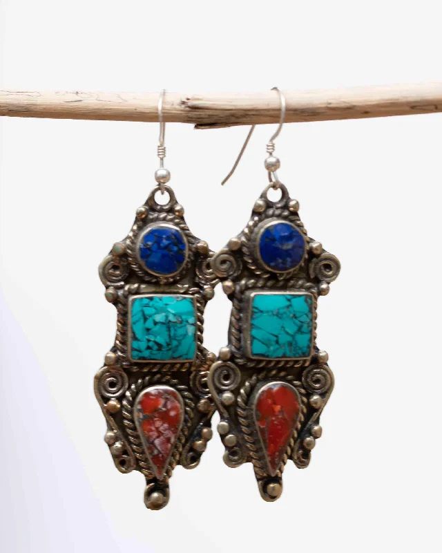 Aged charm earrings-Fernanda Turquoise Tibetan Earrings ~German Silver ~ SME011