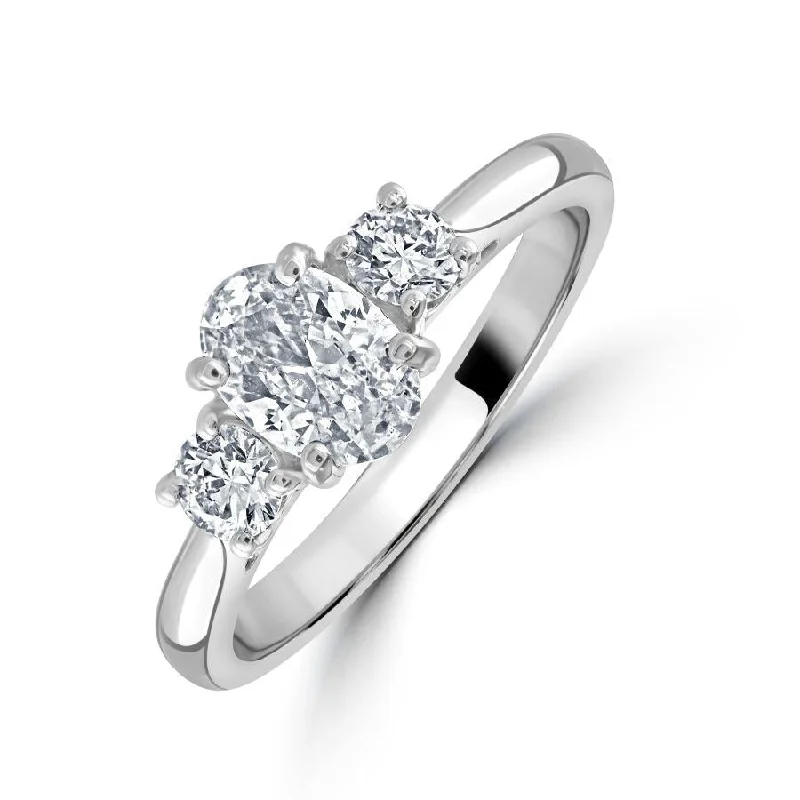 Platinum Oval Cut & 2-Round Brilliant Cut Diamond Trilogy Ring