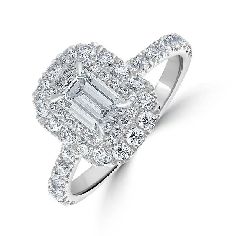 Platinum Emerald Cut Diamond Double Halo Cluster Ring with Diamond Shoulders