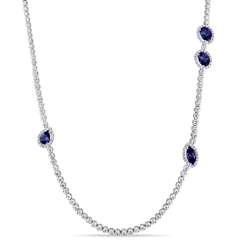 Solid link necklaces-Miadora Signature Collection 18k White Gold 8 1/10ct TDW Diamond and Sapphire Station Strand Necklace (G-H, SI1-SI2) - Blue